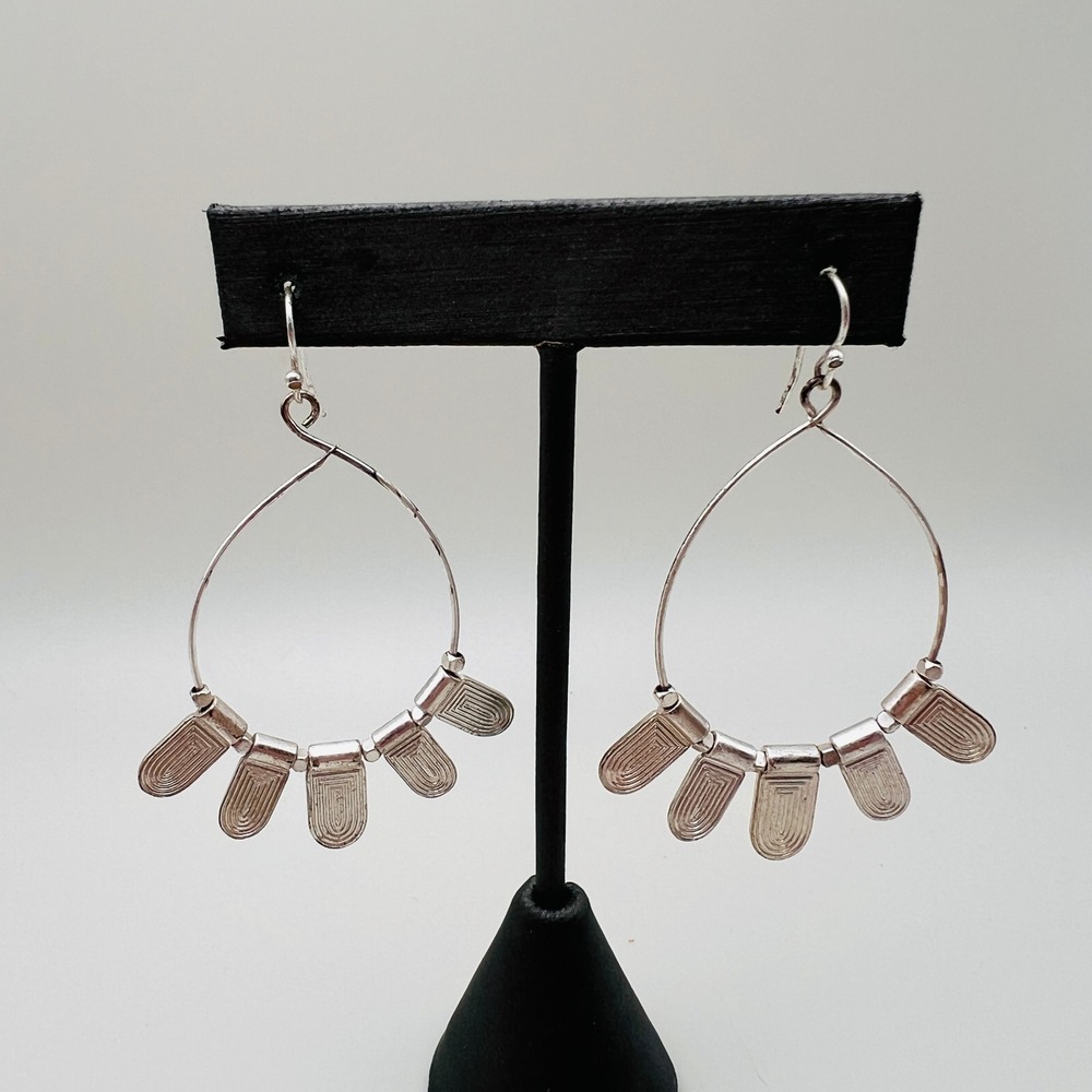Teardrop Hoop Earrings Boho Tribal Textured Dangle Charms Silver Tone Womens